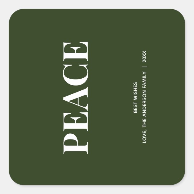 Minimal PEACE | Forest Green Holiday Quadratischer Aufkleber (Vorderseite)