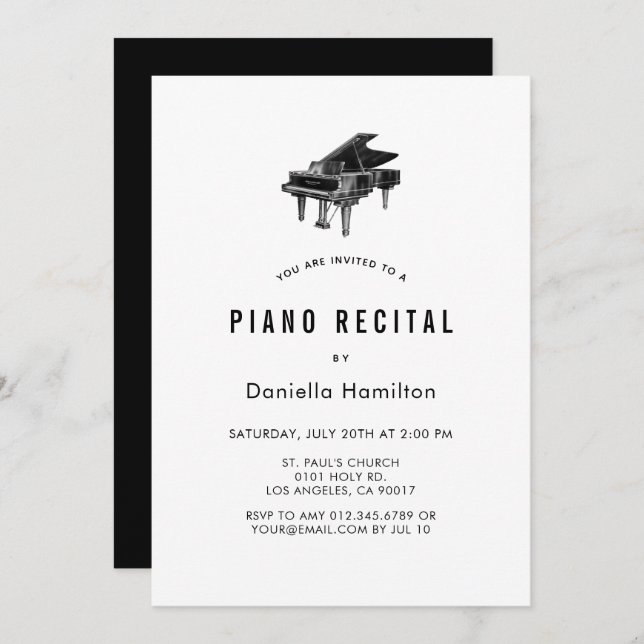 Minimal Piano White Recital Invitation Einladung (Vorne/Hinten)