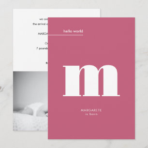 Minimal Pink Big Monogram Foto Baby Birth Ankündigung