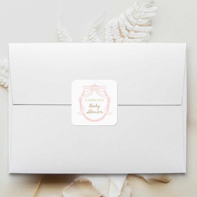 Minimal Pink Bow Girl Babydusche Quadratischer Aufkleber (Elegant Pink Bow Baby Shower Stickers)