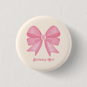 Minimal Pink Bow Sweet Birthday Girl Button