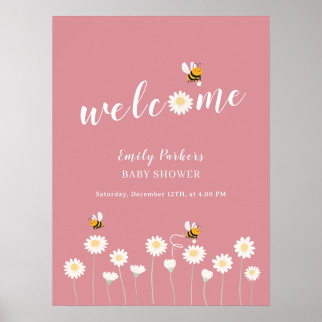 Minimal Pink Daisy Baby Dusche Begrüßungszeichen Poster (Vorne)
