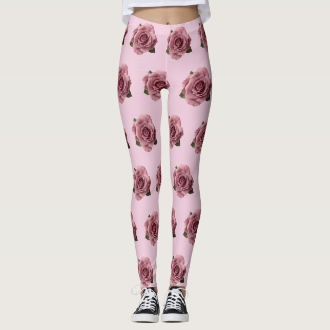 Minimal Pink Rose Design Pattern Leggings (Vorderseite)