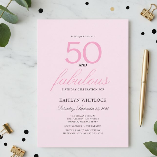 Minimal Pink Script 50 and Fabulous 50th Birthday Einladung (modern elegant pink and black girly fifty and fabulous 50th birthday party invitations)