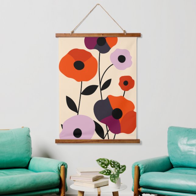 Minimal Poppy Bloom Wandteppich Mit Holzrahmen (Wohnzimmer)