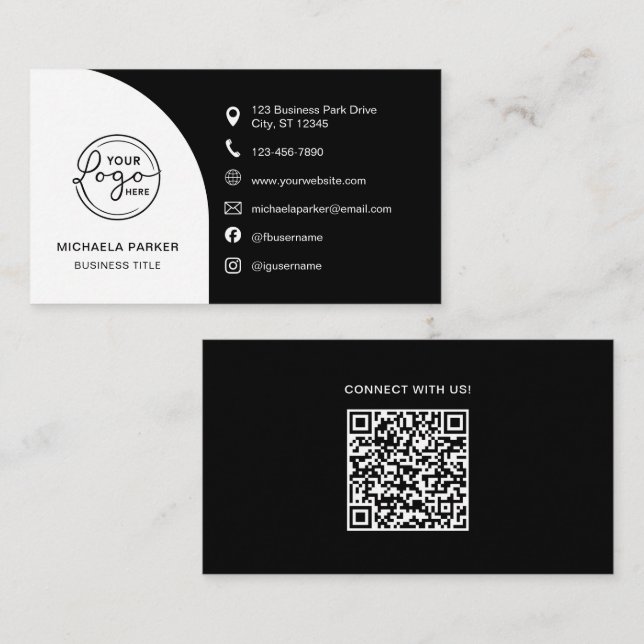 Minimal Professional Custom Logo QR Code Black Visitenkarte (Vorne/Hinten)