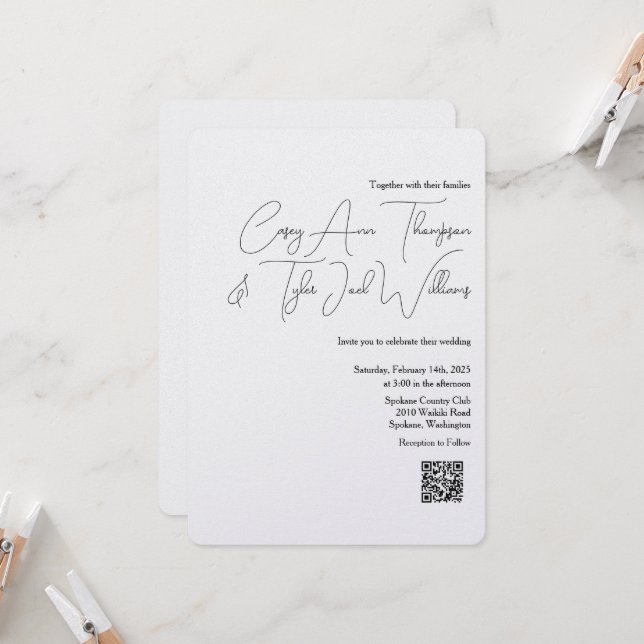 Minimal QR Code Hochzeit Einladung Pearl Shimmer (Vorderseite/Rückseite Beispiel)