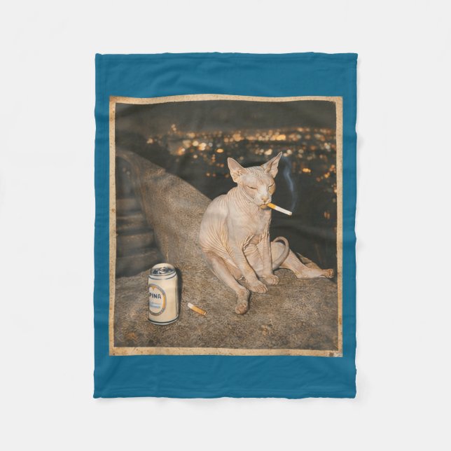 Minimal rauchende Sphynx-Katze Meme Lustig Fleecedecke (Vorderseite)