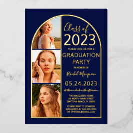 Minimal Real Gold Foil Blue Arch Foto Abschluss Folieneinladung