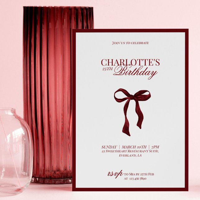 Minimal Red & Burgundy Bow Birthday Invitation Einladung (Von Creator hochgeladen)