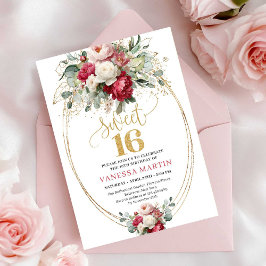 Minimal Red Burgundy Floral Sweet Sixteen Invite Einladung