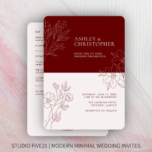 Minimal Red Foliage Kontur All-in-One Hochzeit Einladung
