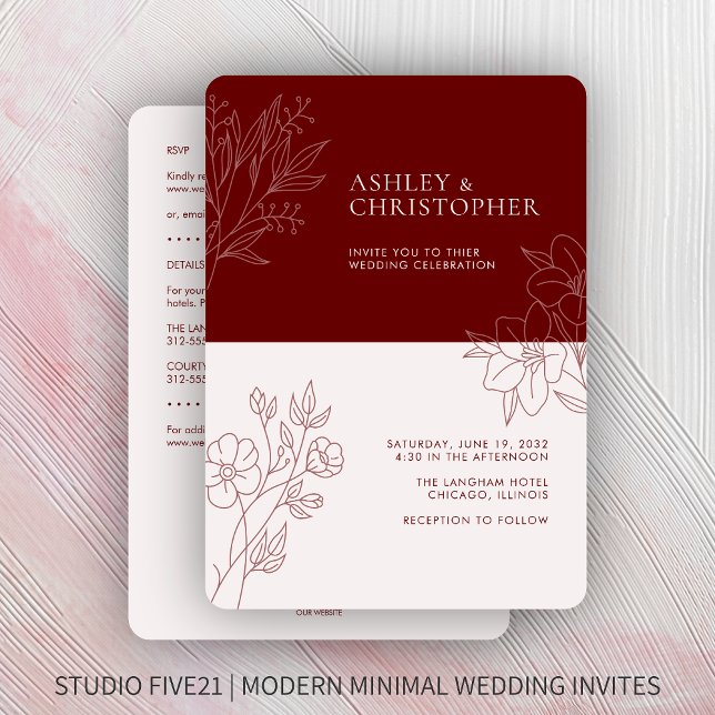 Minimal Red Foliage Kontur All-in-One Hochzeit Einladung (Von Creator hochgeladen)