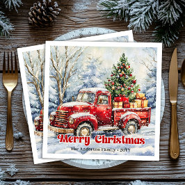 Minimal red truck Christmas scene rustic napkins Serviette