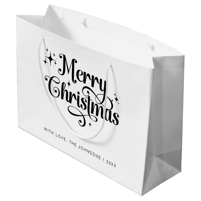 Minimal Retro Chic Black & White Frohe Weihnachten Große Geschenktüte (Rückseite Schrägansicht)