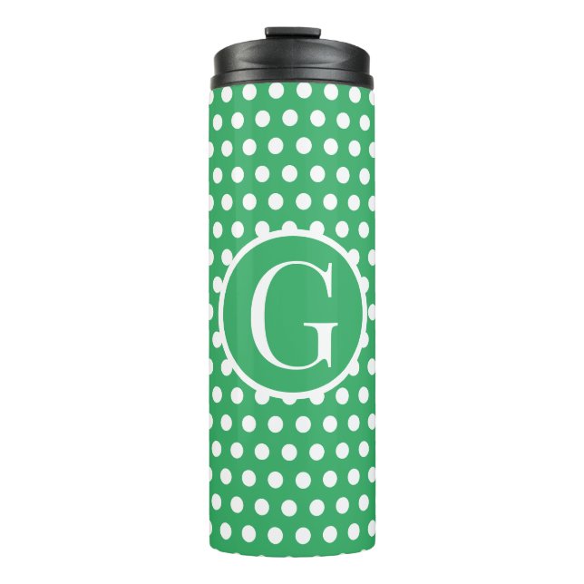 Minimal Retro Green Polka Dots Anfangsbuchstaben Thermosbecher (Vorderseite)