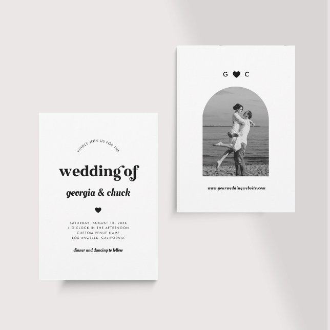 Minimal Retro Script & Heart 70er Wedding Monogram Einladung (Von Creator hochgeladen)