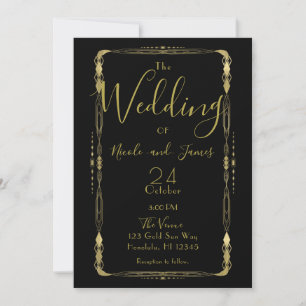 Minimal Retro Vintager Black & Gold Deko Hochzeit  Einladung
