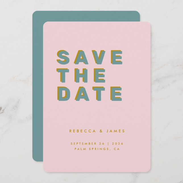 Minimal rosa Aquamarin Golden Retro Hochzeit Save The Date (Vorne/Hinten)