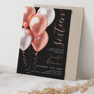 Minimal Rose Gold Ballons Sweet 16 Birthday Black Einladung