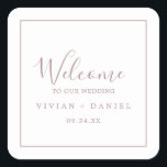 Minimal Rose Gold Wedding Welcome Square Sticker<br><div class="desc">Diese minimalen Rose Gold Hochzeitsaufkleber sind perfekt für eine einfache Hochzeit. Das moderne romantische Design besticht durch klassische Rose-Gold- und Weißtypografie gepaart mit einer rustikalen und eleganten Kalligraphie mit Vintagem handgeschriebenem Stil. Anpassbar in jeder Farbe. Behalt das Design einfach und elegant, wie es ist, oder personalisiere es durch Hinzufügen von...</div>