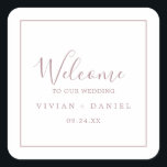 Minimal Rose Gold Wedding Welcome Square Sticker<br><div class="desc">Diese minimalen Rose Gold Hochzeitsaufkleber sind perfekt für eine einfache Hochzeit. Das moderne romantische Design besticht durch klassische Rose-Gold- und Weißtypografie gepaart mit einer rustikalen und eleganten Kalligraphie mit Vintagem handgeschriebenem Stil. Anpassbar in jeder Farbe. Behalt das Design einfach und elegant, wie es ist, oder personalisiere es durch Hinzufügen von...</div>