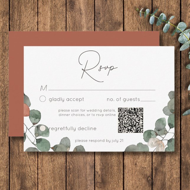 Minimal Rost Green Eucalyptus Wreath Wedding QR RSVP Karte (Minimal Rust Green Eucalyptus Wreath Wedding QR RSVP Card)