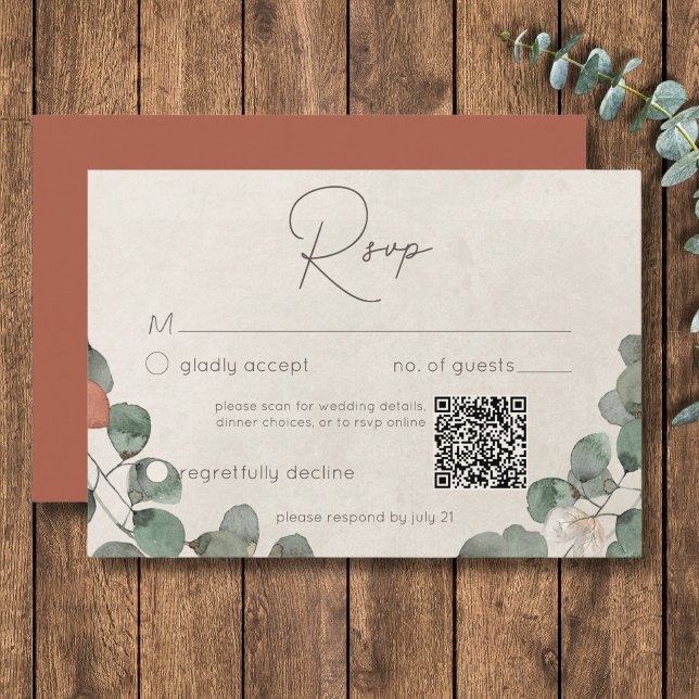 Minimal Rost Green Eucalyptus Wreath Wedding QR RSVP Karte (Minimal Rust Green Eucalyptus Wreath Wedding QR RSVP Card)