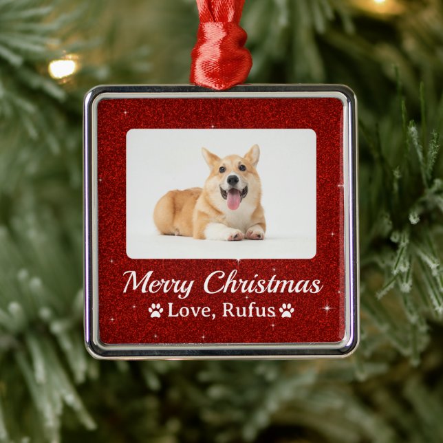 Minimal Roter Glitzer Pet Foto Frohe Weihnachten Ornament Aus Metall (Baum)