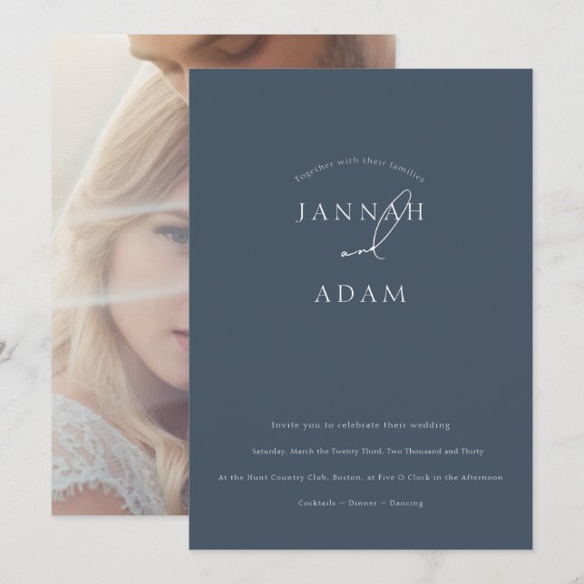 Minimal Royal Blue Opulence Script Foto Wedding Einladung (Vorne/Hinten)