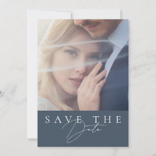 Minimal Royal Blue Opulence Script Foto Wedding Save The Date