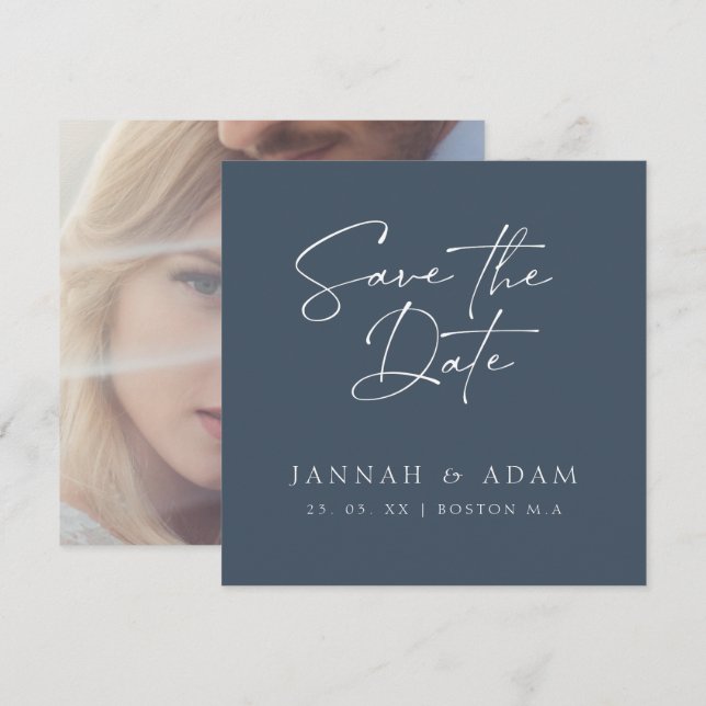Minimal Royal Blue Opulence Script Foto Wedding Save The Date (Vorne/Hinten)