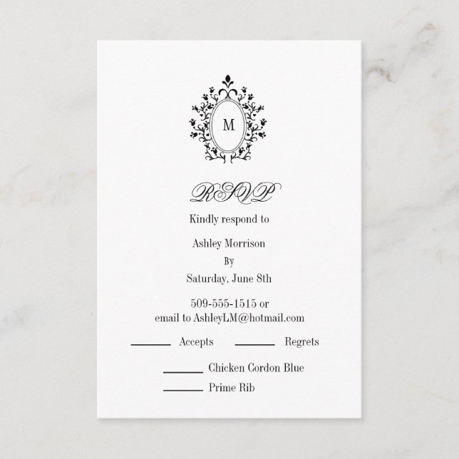 Minimal RSVP card Monogram With 2 Entree Choice Begleitkarte (Vorderseite)