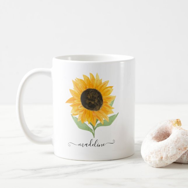 Minimal Rustic Sunflower Personalized Name Script Kaffeetasse (Mit Donut)