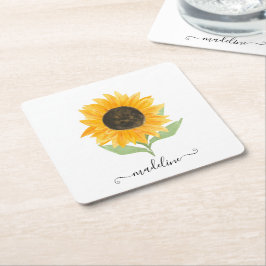 Minimal Rustic Sunflower Personalized Name Script Rechteckiger Pappuntersetzer