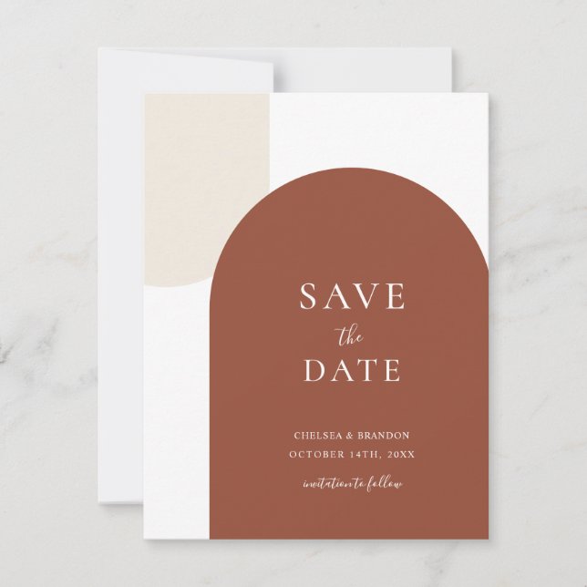 Minimal Rustic Terracotta Boho Arch Script Wedding Save The Date (Vorderseite)