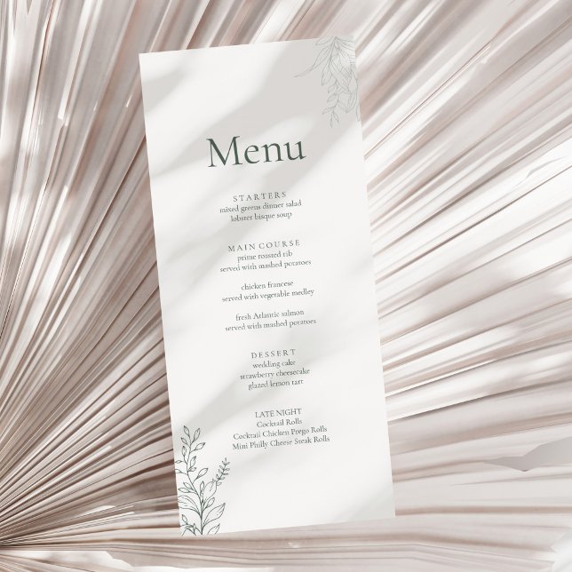 Minimal Sage Green Botanical Wedding Menu Menükarte (Minimal Sage Green Botanical Wedding Menu on a neutral dry palm leaf)
