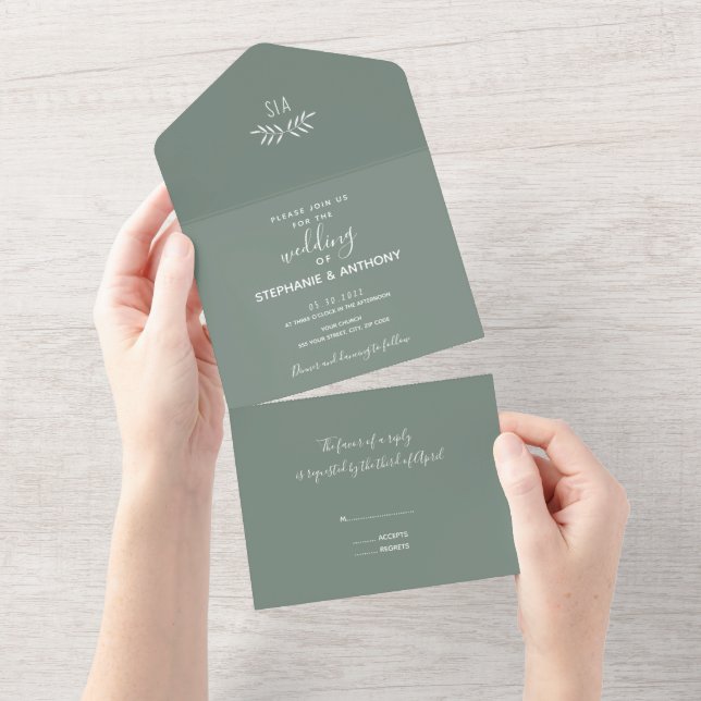Minimal Sage Green Branch Calligraphy Wedding All In One Einladung (Abreißen)