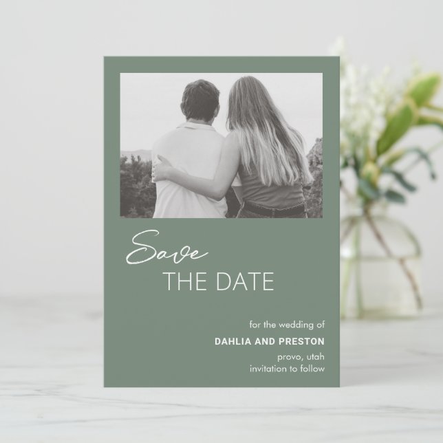 Minimal Sage Green Foto Moderne Hochzeit Save The Date (Stehend Vorderseite)