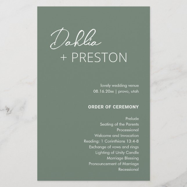 Minimal Sage Green Modern Wedding Programm (Vorderseite)