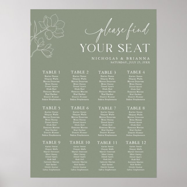 Minimal Sage Green Wedding 12 Table Seating Chart Poster (Vorne)