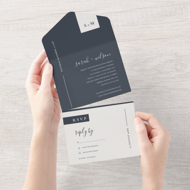 MINIMAL SCANDI BLACK & WHITE MONOGRAM WEDD ALL ALL IN ONE EINLADUNG (Abreißen)