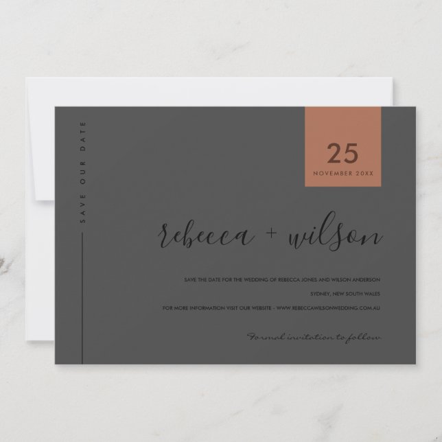 MINIMAL-SCANDI-COOLE SCHWARZE AUF SCHWARZRUSSTYPOG SAVE THE DATE (Vorderseite)