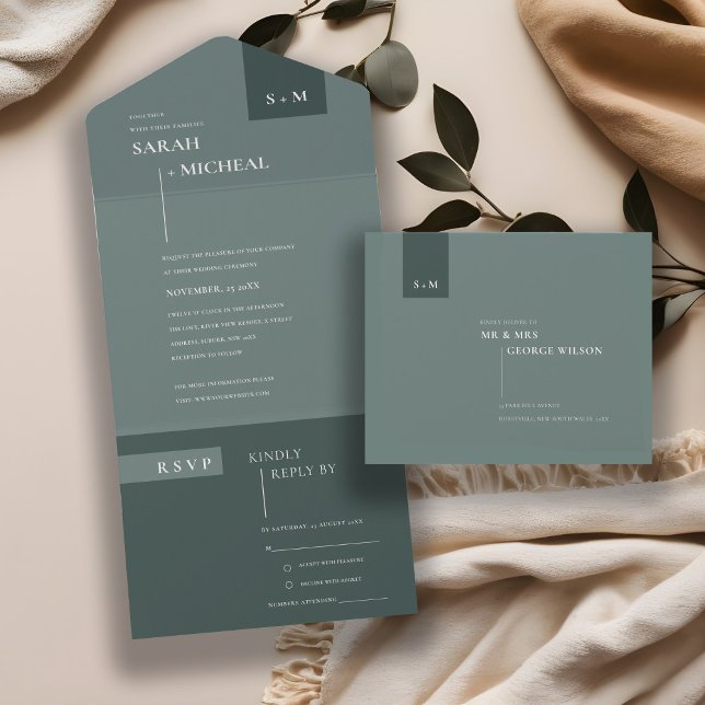 MINIMAL SCANDI EMERALD SAGE PALE GREEN WEDD ALL IN ONE EINLADUNG (Von Creator hochgeladen)