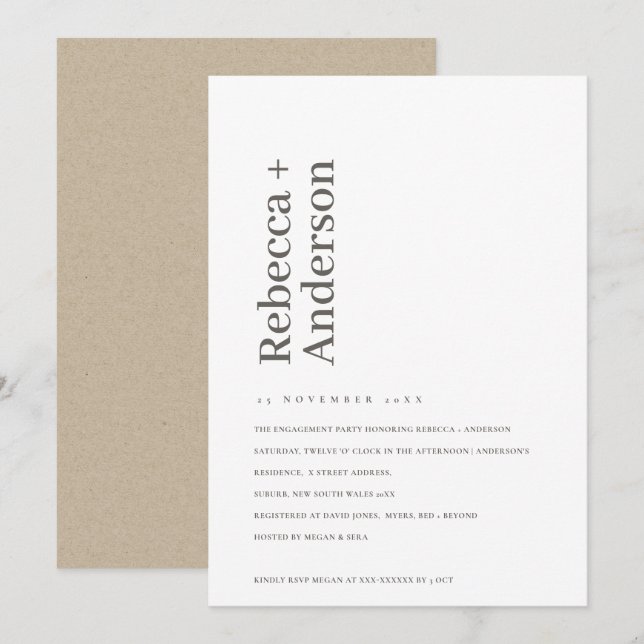 MINIMAL SCANDI PBLACK & WHITE VERLOBUNG EINLADEN DANKESKARTE (Vorne/Hinten)