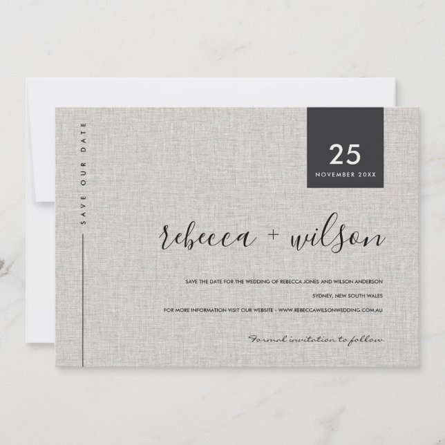 MINIMAL SCANDI RUSTIC GRAY LINEN KRAFT TYPOGRAPHIE SAVE THE DATE (Vorderseite)