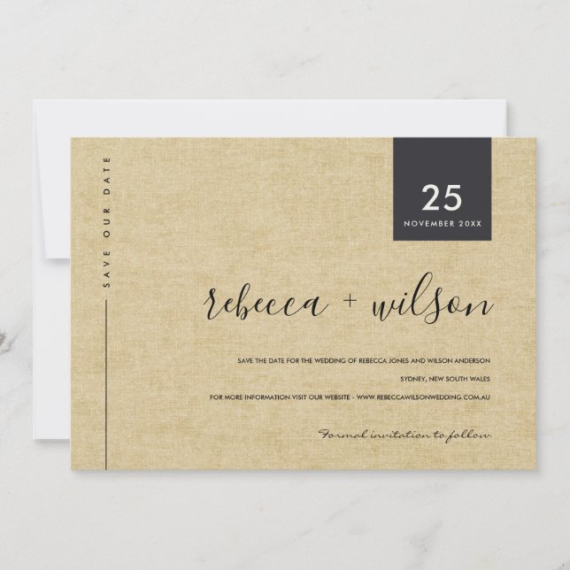 MINIMAL SCANDI RUSTIC OCHER LINEN KRAFT TYPOGRAPHI SAVE THE DATE (Vorderseite)