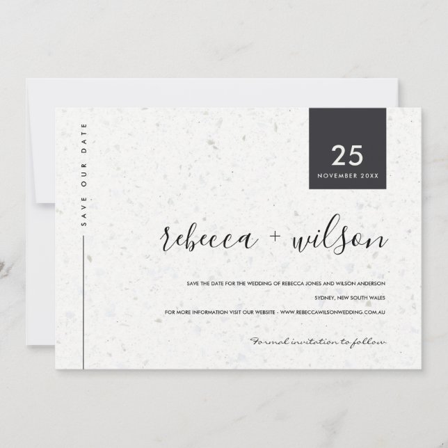 MINIMAL SCANDI RUSTISCHE TERRAZZO-TEXTURE-TYPOGRAP SAVE THE DATE (Vorderseite)