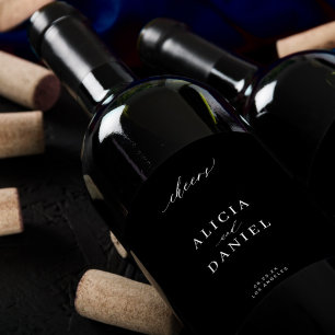 Minimal schlichte, schwarze Hochzeitsjubeln Weinetikett