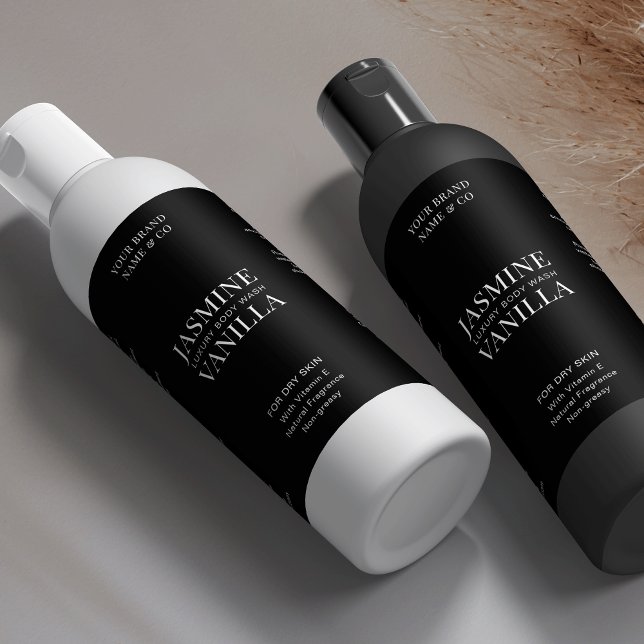 Minimal Schwarz 8 OZ Hautpflegeflasche Etikett (Minimalist black cosmo bottle product labels with elegant serif fonts and modern layout)